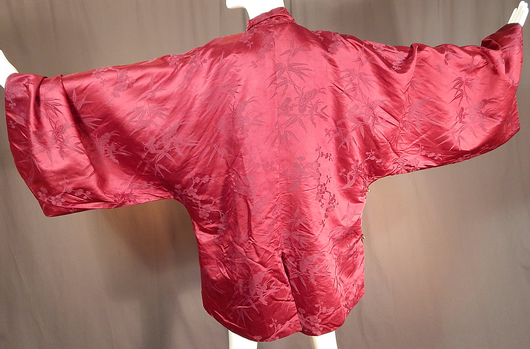 Antique Chinese Red Silk Damask Cherry Blossom Bamboo Brocade Magua Robe
The robe measures 33 inches long, with a 54 inch chest, 60 inch waist and 15 inch wide sleeves. 