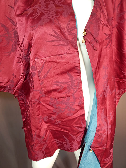 Antique Chinese Red Silk Damask Cherry Blossom Bamboo Brocade Magua Robe
This is truly a wonderful piece of wearable antique Chinese textile art!