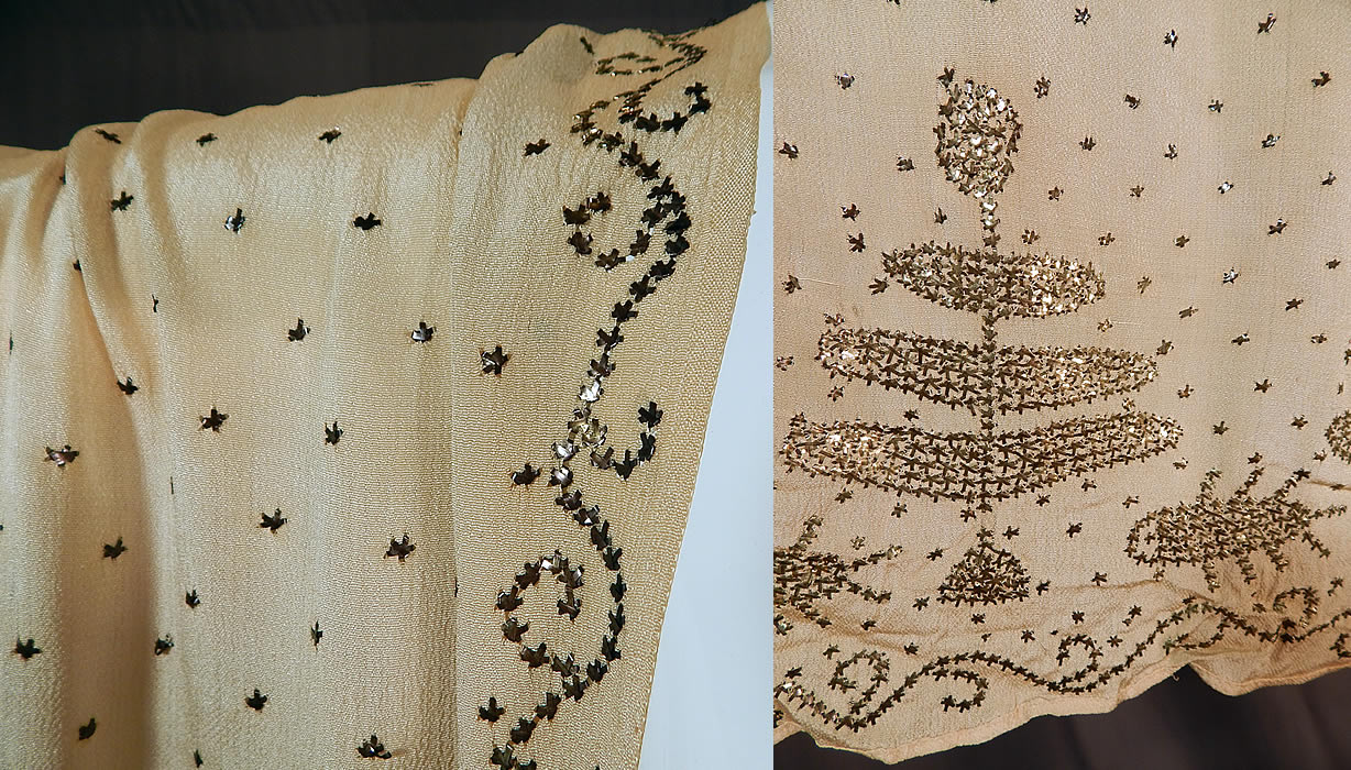Vintage Art Deco Turkish Tel-Kirma Assuit Cream Silk Silver Stud Shawl Scarf
This beautiful belly dancing shawl style scarf wrap measures 87 inches long and 24 inches wide. It is in good condition, with a few small faint stains.