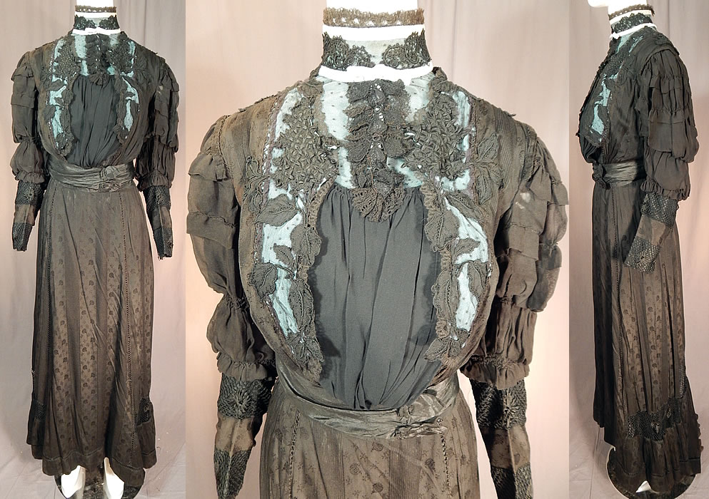 Victorian Black Silk Damask Embroidered Lace Applique Bodice Skirt Train Gown
This antique Victorian era black silk damask embroidered lace appliqu&eacute; bodice skirt train dress dates from 1900. It is made of a black silk damask weave fabric with a woven ornament ball design and black sheer net mesh drawn cutwork lace inserts on the sleeves and bottom skirt.