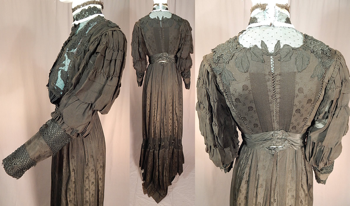 Victorian Black Silk Damask Embroidered Lace Applique Bodice Skirt Train Gown
There are black silk embroidered lace appliqu&eacute; trimmings and blue silk chiffon backing on the bodice. This beautiful black silk lace two piece dress has a bodice blouse top with a pouter pigeon front, high neck collar, long full tapered sleeves with layered tiered ruched gathering along the top, an attached black silk sash belted waist, snaps, hook closures on the front and is fully lined with stays boning sewn inside.