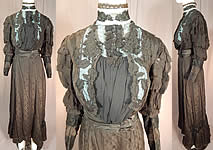 Victorian Black Silk Damask Embroidered Lace Applique Bodice Skirt Train Gown 
