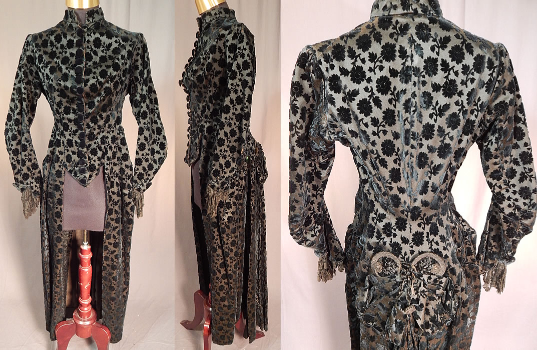 Victorian Black Burnout Voided Velvet Cutaway Polonaise Dress Bustle Bodice
This antique Victorian era black burnout voided velvet cutaway polonaise dress bustle bodice dates from the 1880s. It is made of a black silk burnout voided velvet devore fabric with a floral leaf pattern.