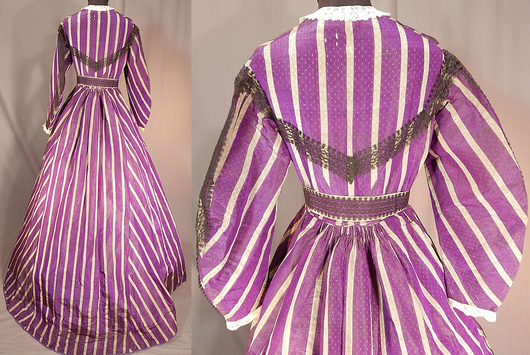 Victorian Civil War Era Purple & Gray Stripe Silk Taffeta Hoop Skirt Belted Dress
The dress measures 55 inches long in the front, 63 inches long in the back, with a 36 inch bust, 26 inch waist, 20 inch long sleeves and 14 inch back.