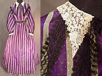 Victorian Civil War Era Purple & Gray Stripe Silk Taffeta Hoop Skirt Belted Dress
