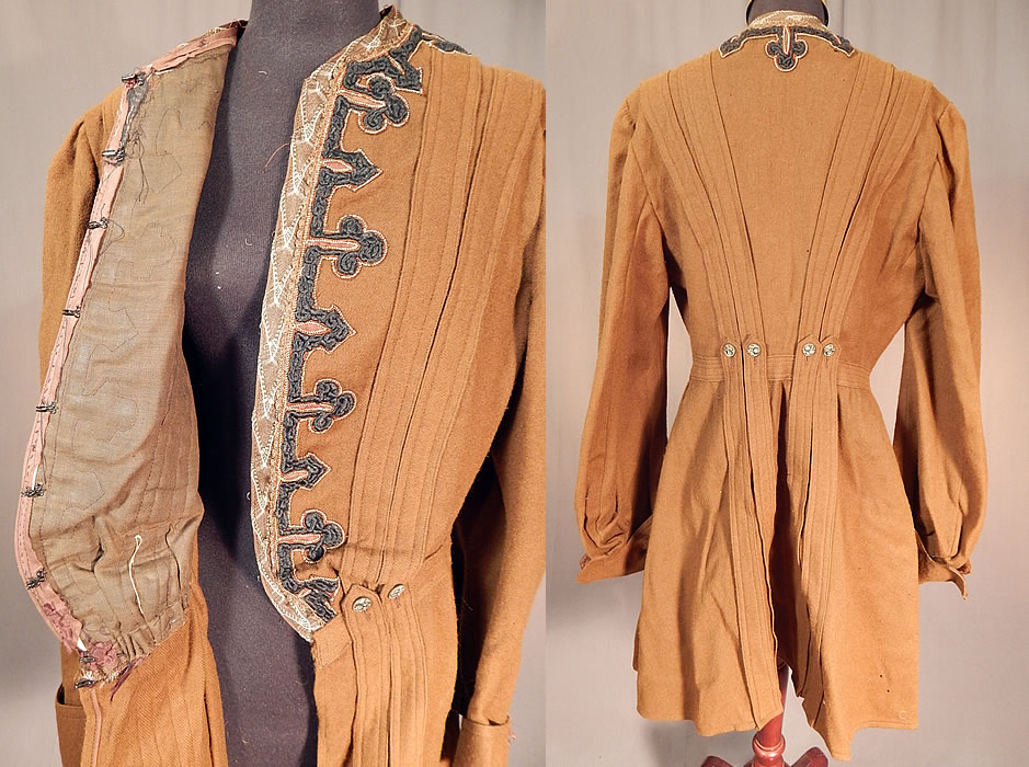 Victorian Brown Wool Soutache Button Trim Walking Suit Jacket Winter Coat
This wonderful winter walking suit coat jacket has a tailored, fitted long mid length, pouter pigeon style with stitched fabric appliqu&eacute; strip trim accents, decorative steel cut floral button trimmings on the back waist and front, gathered shoulders with long full sleeves, gauntlet cuffs, hook closures on the front and is lined in the top only with a brown polished cotton fabric inside. 