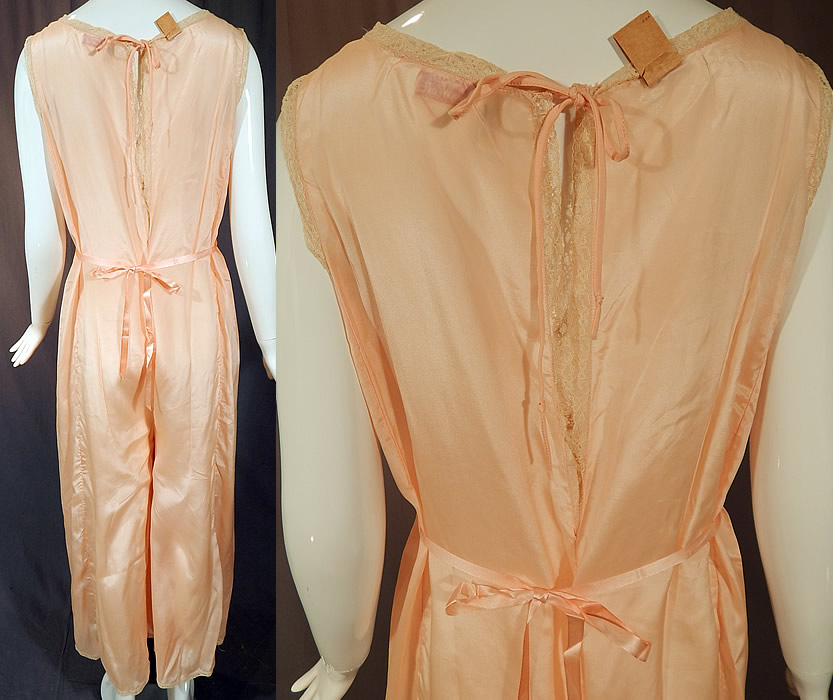 Vintage Love Joy Twin Weaves Pink Silk Lace Lingerie Palazzo Pant Pajama Jumpsuit
This lovely lingerie lounge wear beach pajama one piece jumpsuit has a sleeveless top shirt, V front neckline, key hole opening back neck tie closure, and adjustable pink silk ribbon tie sash belted back waist, long loose fitting palazzo pants and is unlined. 