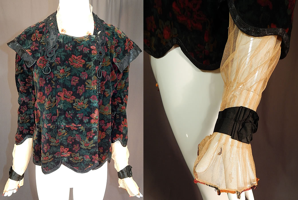 Edwardian Floral Print Velvet Black Soutache Tassel Trim Top Blouse
This vintage Edwardian era late teens floral print velvet black soutache tassel trim top blouse dates from 1918. It is made of a black velvet background fabric with a colorful floral print pattern and black silk soutache braided trim edging, appliqu&eacute; tassel trim hanging down the front neckline and back neck.