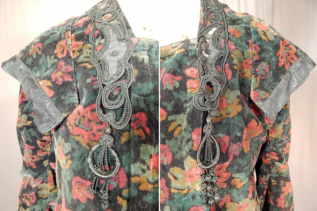 Edwardian Floral Print Velvet Black Soutache Tassel Trim Top Blouse
The top measures 23 inches long, with a 36 inch bust, 32 inch waist, 29 inch long sleeve and 12 inch back.