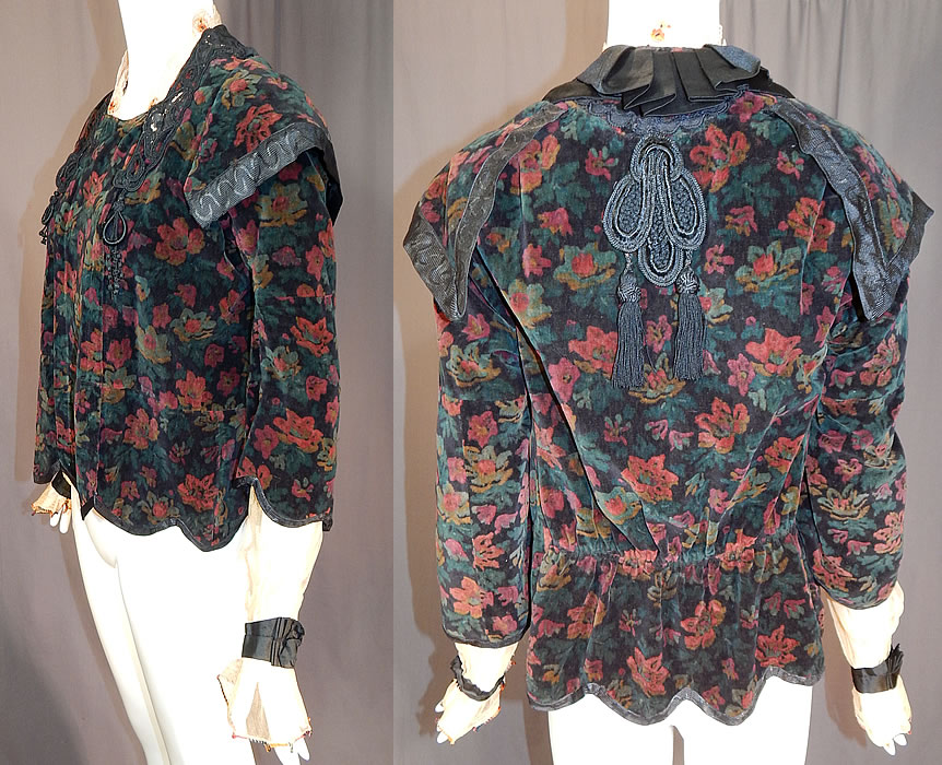 Edwardian Floral Print Velvet Black Soutache Tassel Trim Top Blouse
This beautiful blouse top has a squared front neckline trimmed with an embroidered cream net lace, long cream net sheer under sleeves with colorful embroidered edging, black silk wrist band flared cuffs, epaulettes style flared fabric accents on the shoulders, a loose fitting front, gathered fitted back waist, scalloped hemline, front snap closures along the side and is lined with a muted paisley print cotton cami lining with hook closures down the front inside.