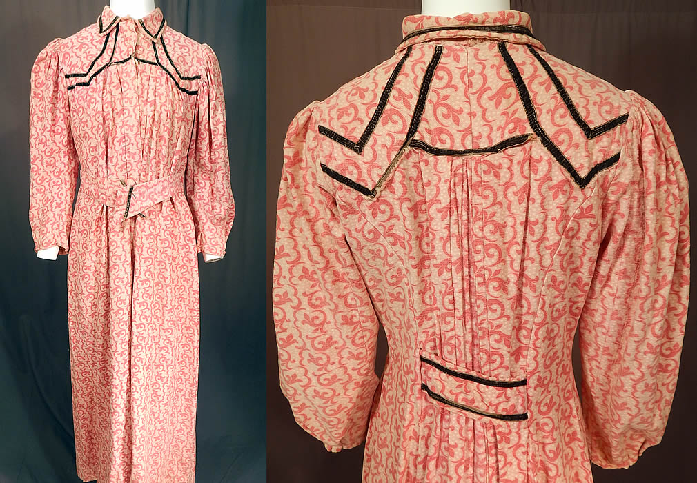 Victorian Pink Polka Dot Jacobean Print Flannel Wrapper Workwear Morning Dress
This antique Victorian era pink polka dot Jacobean print flannel wrapper workwear morning dress dates from 1900. It is made of a pink and white soft brushed nap cotton flannel fabric with a pink polka dot and Jacobean style floral vine leaf pattern print design.