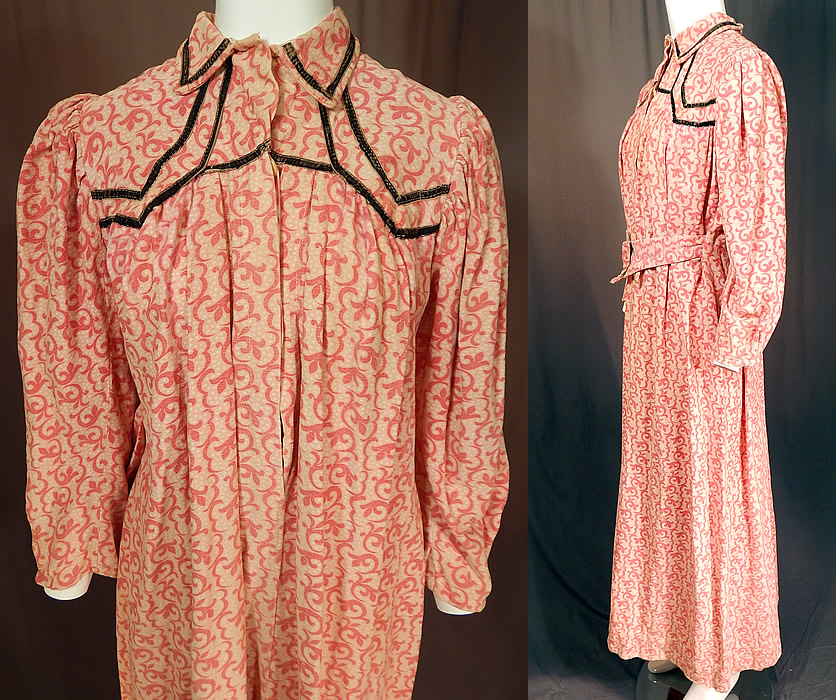 Victorian Pink Polka Dot Jacobean Print Flannel Wrapper Workwear Morning Dress
This womens work wear wrapper morning dress is a long floor length, with a fold over collar, black appliqu&eacute;d trim edging the top, gathered shoulders, long full sleeves, an attached belted back tie sash and button closures on the front modesty panel insert camisole top lining the inside bodice.