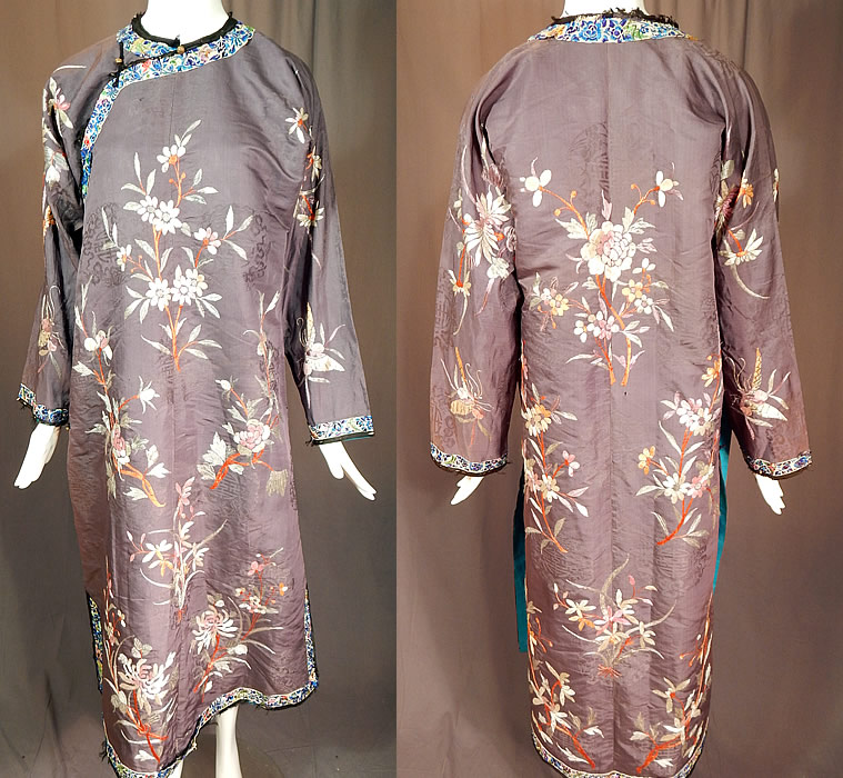 Antique Chinese Purple Silk Ji Brocade Embroidered Floral Cheongsam Qipao Robe
It is made of a purple violet color silk damask weave brocade fabric with a woven Ji Chinese character for luck in roundels medallions throughout the fabric.