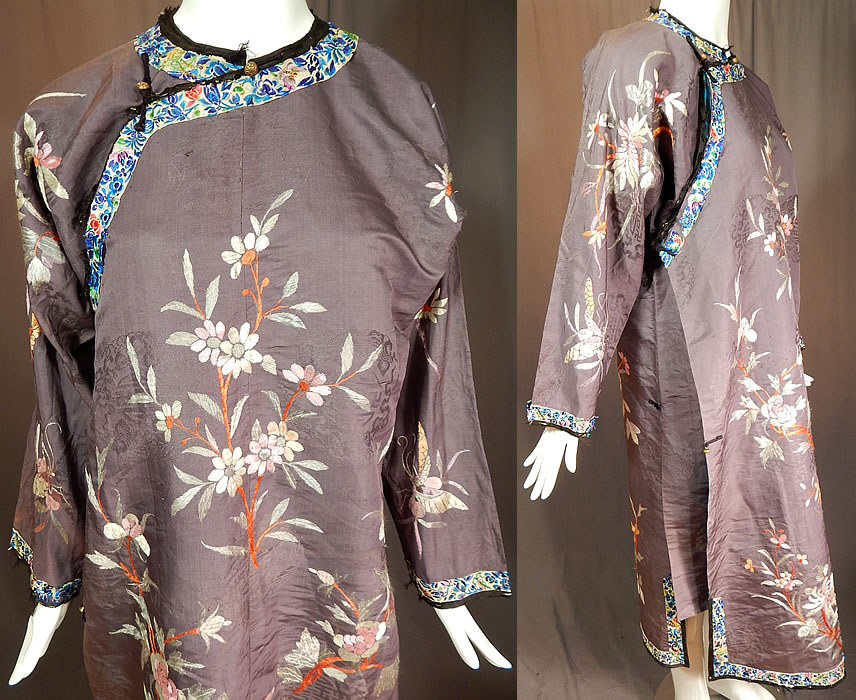 Antique Chinese Purple Silk Ji Brocade Embroidered Floral Cheongsam Qipao Robe
There are pastel silk raised padded satin stitch hand embroidery work of flowers and butterflies, symbols of love and affection. 