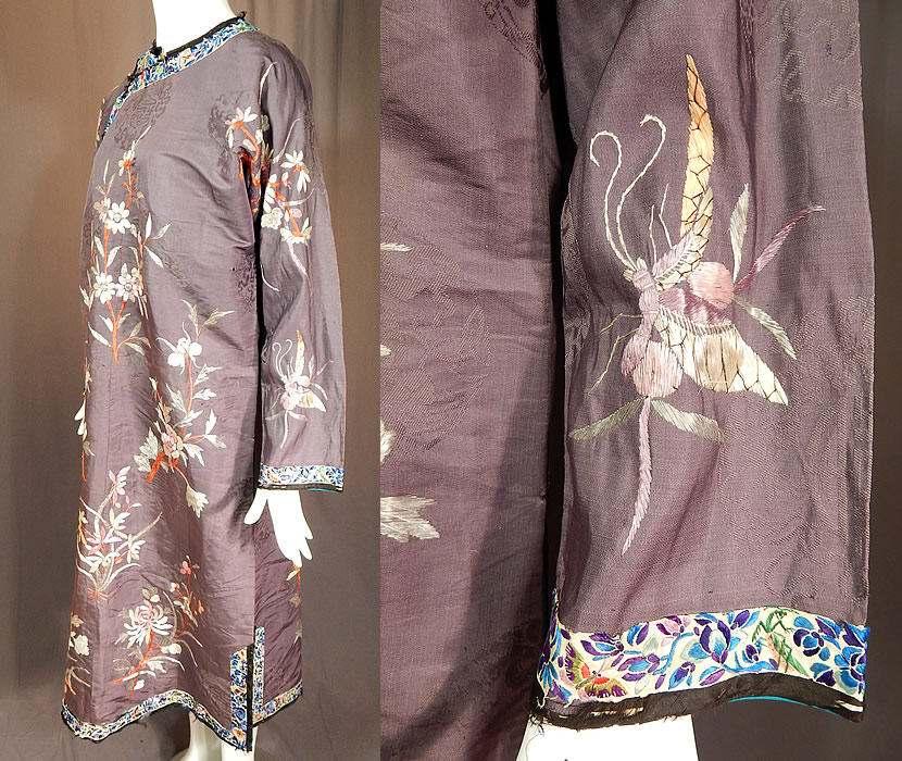 Antique Chinese Purple Silk Ji Brocade Embroidered Floral Cheongsam Qipao Robe
There is white silk colorful embroidered floral butterfly trim edging along the front side opening, collar and cuffs. 