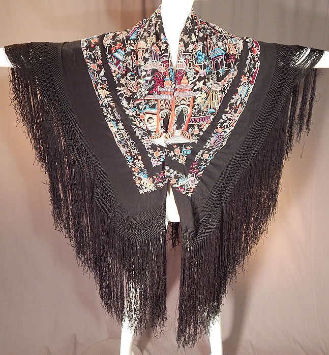 Antique Colorful Heavily Embroidered Chinese Temple Shrine Bird Canton Piano Shawl
It is made of a black silk fabric background, with colorful silk raised padded satin stitch hand embroidery work. 