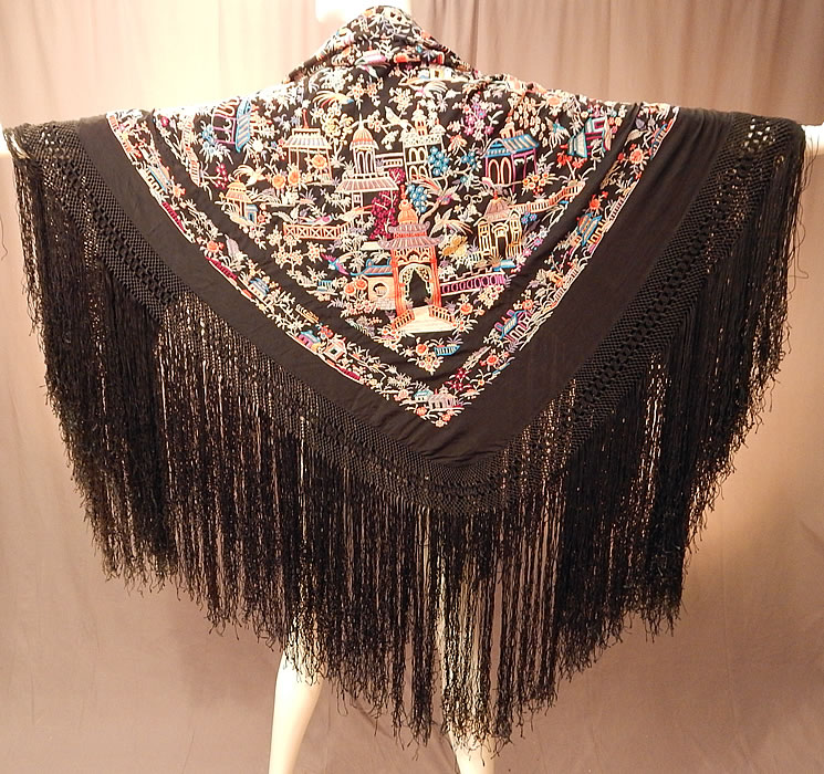 Antique Colorful Heavily Embroidered Chinese Temple Shrine Bird Canton Piano Shawl
There is a heavily densely embroidered Chinese village scene design with a variety of buildings, pagoda temples, shrines, birds and flowers completely covering the shawl. 