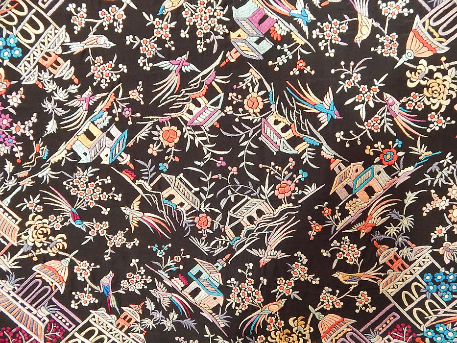 Antique Colorful Heavily Embroidered Chinese Temple Shrine Bird Canton Piano Shawl
The shawls fabric square measures 46 by 46 inches. 