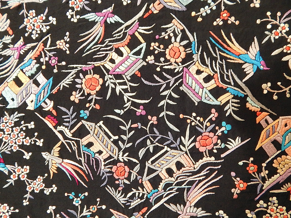 Antique Colorful Heavily Embroidered Chinese Temple Shrine Bird Canton Piano Shawl
This magnificent quality made Manton Canton Chinese Cantonese style shawl is quite heavy weighing almost 4 pounds. It is in excellent condition. This is truly a rare, one of a kind, exceptional piece of wearable Chinese embroidered textile art!