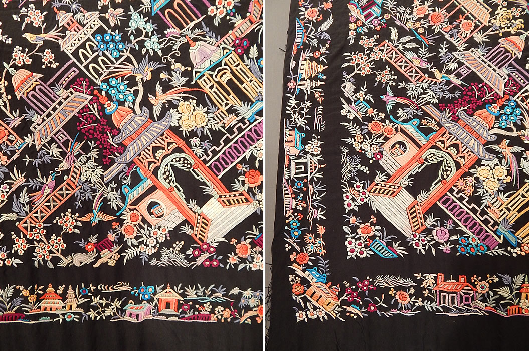 Antique Colorful Heavily Embroidered Chinese Temple Shrine Bird Canton Piano Shawl
There is a hand knotted macram&eacute; black silk fringe which measures 22 inches long surrounding the entire shawl with rounded corners. 