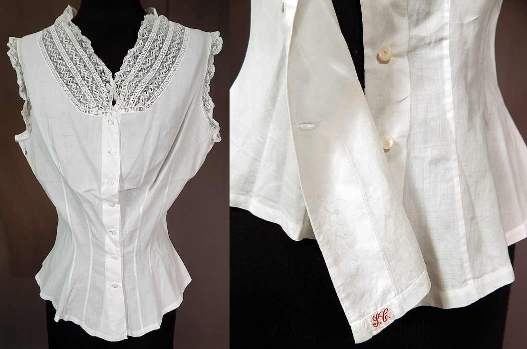 Victorian Lingerie White Cotton Batiste Lace Trim Camisole Corset Cover Top
This antique Victorian era lingerie white cotton batiste lace trim camisole corset cover top dates from 1890. It is made of a fine white cotton batiste fabric, with lace trim edging the neckline and armholes.