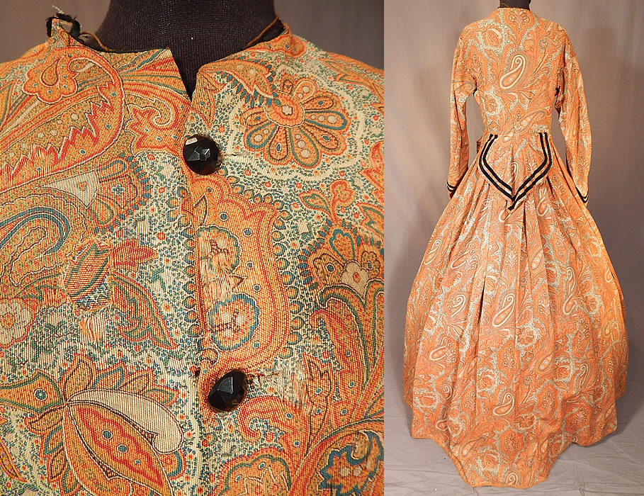 Victorian Civil War Era Paisley Wool Hoop Skirt Morning Wrapper Gown Dress
The dress measures 56 inches long, with a 36 inch bust, 28 inch waist, 21 inch long sleeves and a 16 inch back.