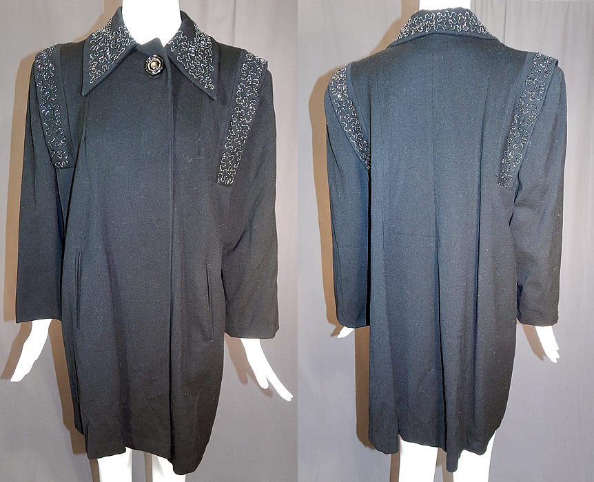 Vintage Black Beaded Gabardine Wool Swing Coat Winter Jacket
This vintage black beaded gabardine wool swing coat winter jacket dates from the 1940s. It is made of a black gabardine wool fabric with black beading done in a scrolling spiral pattern design along the shoulders and collar.