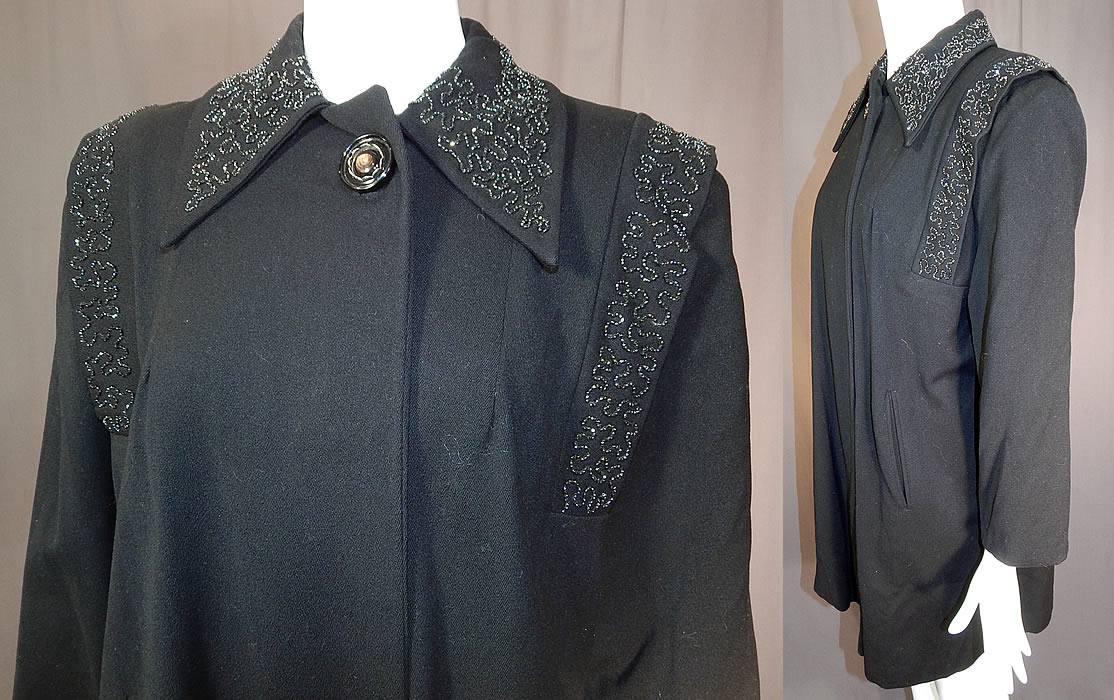 Vintage Black Beaded Gabardine Wool Swing Coat Winter Jacket
This beautiful beaded winter coat jacket has a loose fitting, mid length, swing style, broad shoulder padding, a fold over beaded collar, long full sleeves, side slit pockets, a single button for closure at the neck and is fully lined. 