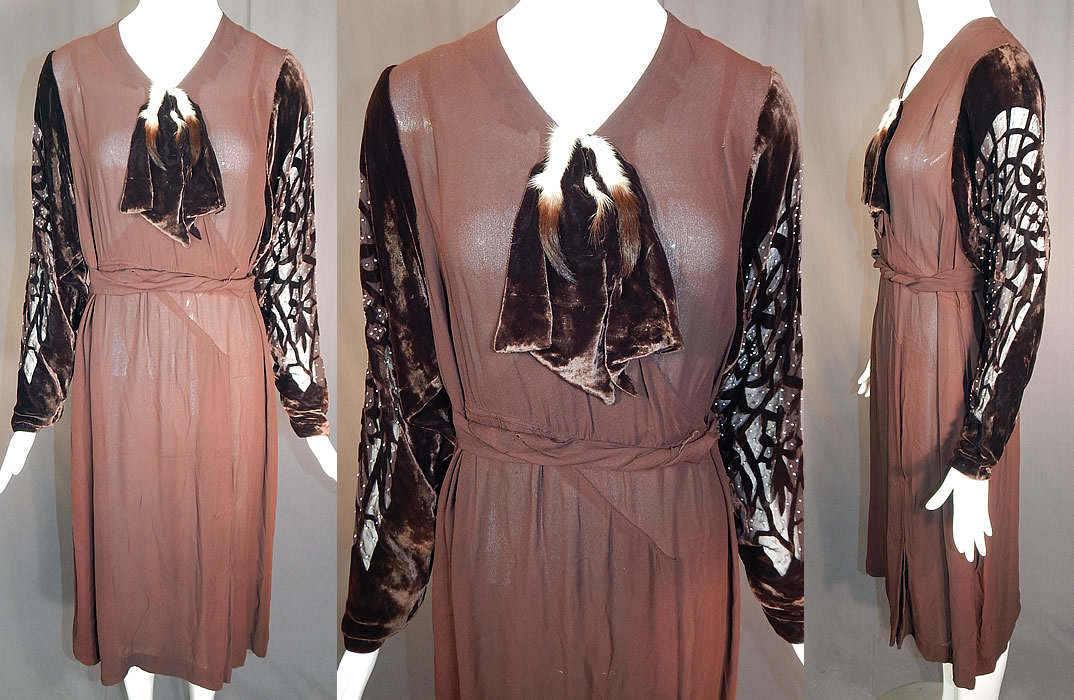Vintage Brown Silk Crepe Devore Voided Velvet Beaded Sleeve Bias Cut Dress
This vintage brown silk crepe devore voided velvet beaded sleeve bias cut dress dates from the 1930s. It is made of a chocolate brown color silk crepe de chine fabric, with dark brown devore voided velvet burnout sleeves done in decorative cobweb, floral designs and tiny white beaded accents. 
