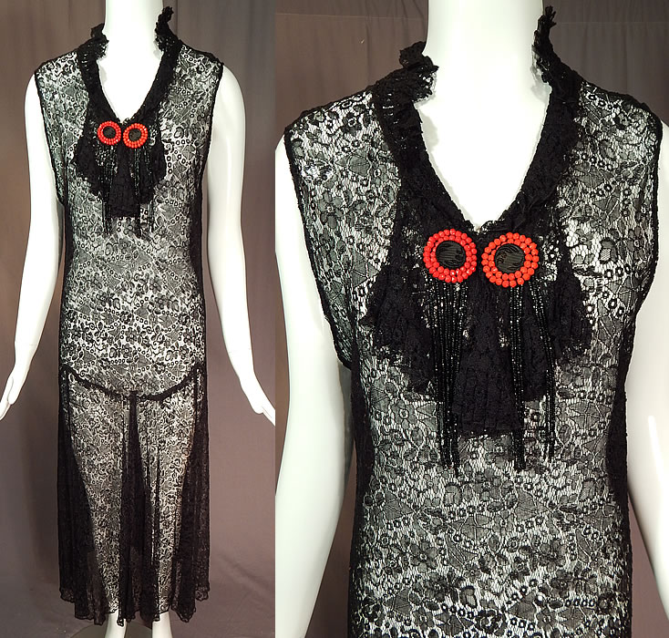 Vintage Art Deco Black Lace Net Floral Pattern Beaded Drop Waist Flapper Dress
This vintage Art Deco black lace net floral pattern beaded drop waist flapper dress dates from the 1920s. It is made of a sheer black fine silk net lace fabric, with a shaded floral leaf pattern and abstract geometric shape designs.