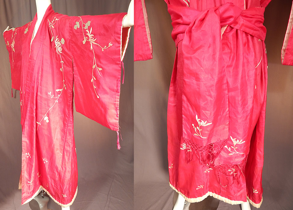 Vintage Japanese Fuchsia Pink Silk Chrysanthemum Embroidered Kimono Robe
This vintage Japanese fuchsia pink silk chrysanthemum embroidered kimono robe dates from the 1920s.