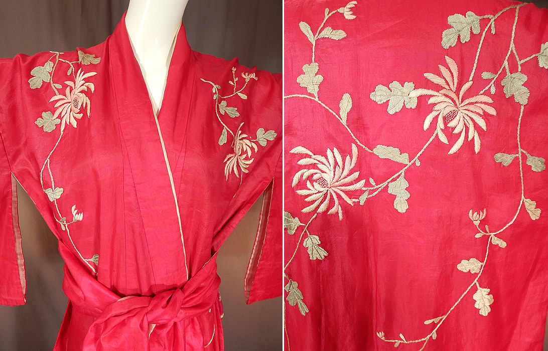 Vintage Japanese Fuchsia Pink Silk Chrysanthemum Embroidered Kimono Robe
The kimono measures 53 inches long, with 21 inch long kimono sleeves, a 50 inch chest, 50 inch waist and the sash belt is 78 inches long, 8 inches wide. 