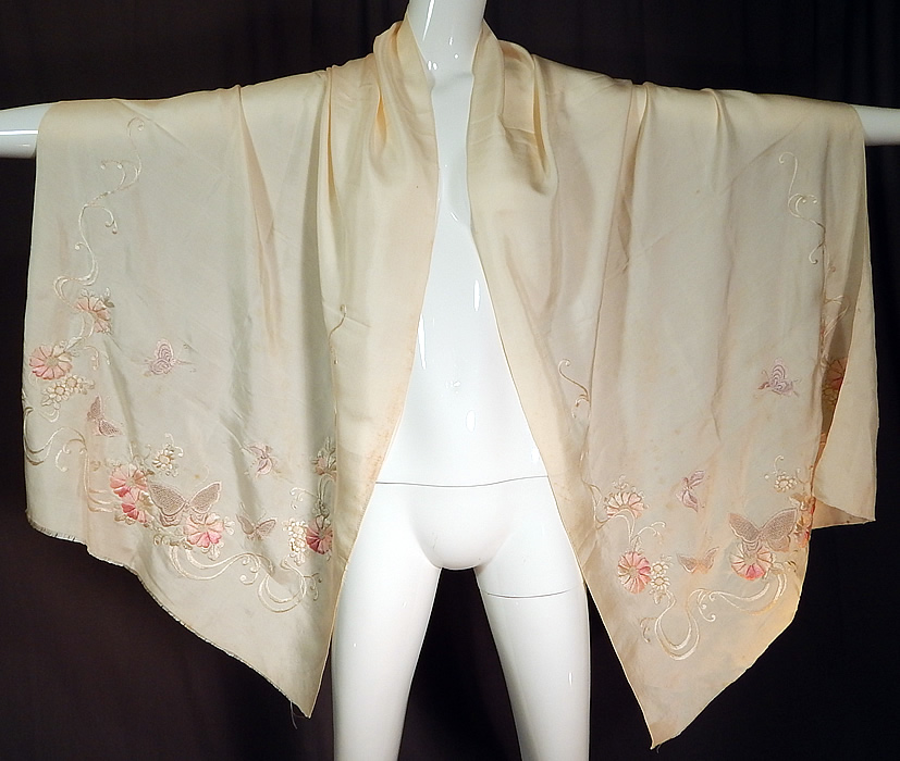 Vintage Japanese Silk Drawn Work Embroidered Floral Butterfly Shawl Scarf Stole
It is made of a white ivory color silk fabric, with white, pink pastel silk raised padded satin stitch, French knot, drawn thread work hand embroidered flowers and butterflies. 