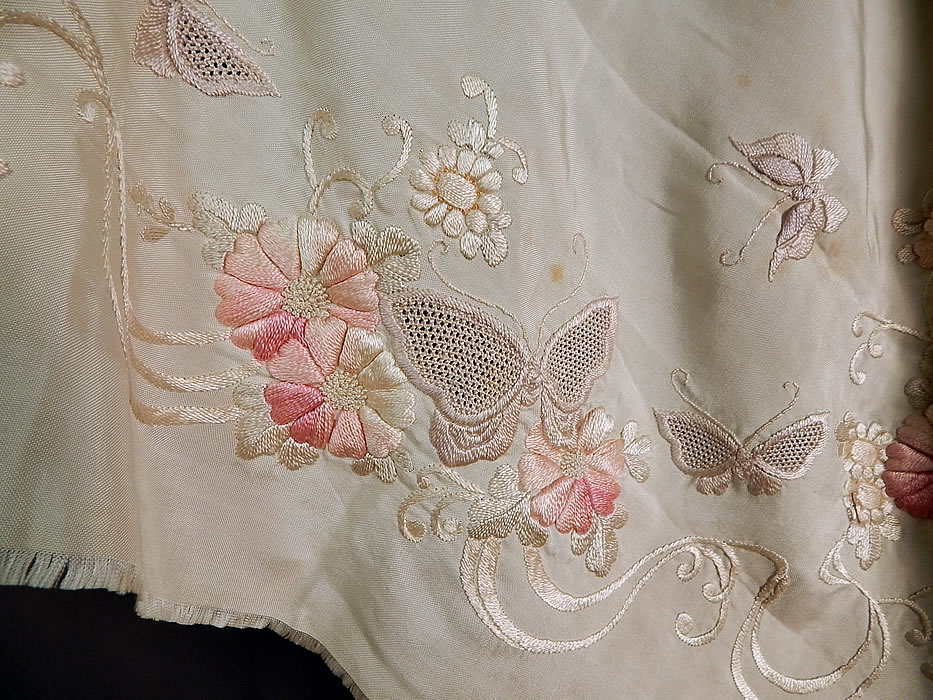Vintage Japanese Silk Drawn Work Embroidered Floral Butterfly Shawl Scarf Stole
The shawl measures 84 inches long and 26 inches wide. It is in good as-is condition, with some slight fraying on the ends and there are some small faint age spots stains (see close-ups). This is truly a wonderful piece of wearable Japanese Japonism wearable textile art!