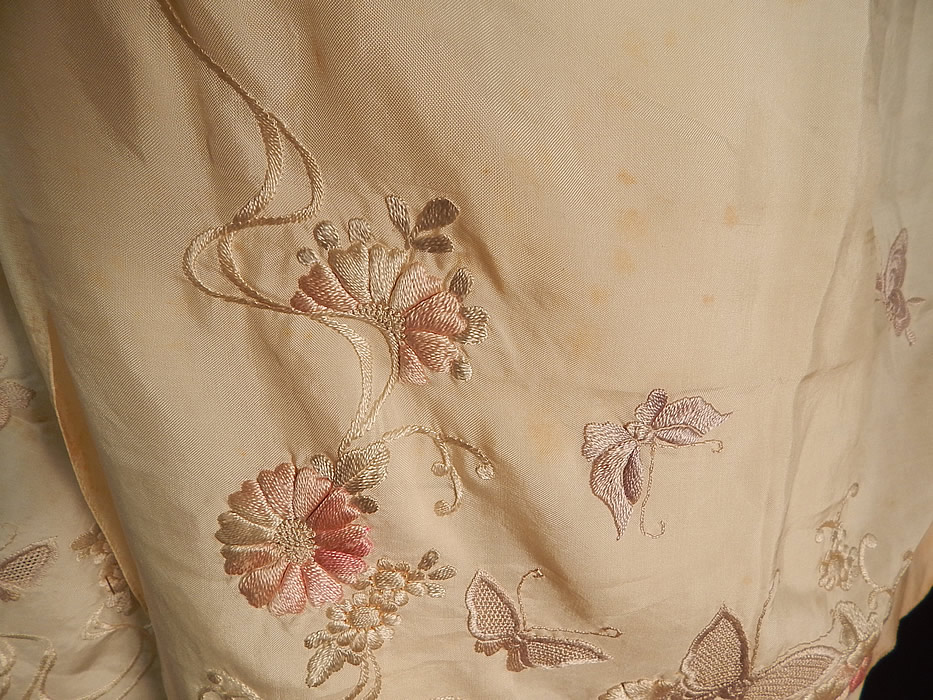 Vintage Japanese Silk Drawn Work Embroidered Floral Butterfly Shawl Scarf Stole
The shawl measures 84 inches long and 26 inches wide. It is in good as-is condition, with some slight fraying on the ends and there are some small faint age spots stains (see close-ups). This is truly a wonderful piece of wearable Japanese Japonism wearable textile art!
