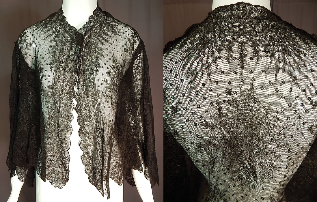 Victorian Antique Black Chantilly Lace Shawl Wide Pagoda Sleeve Jacket
It is made of a sheer fine delicate black net French Chantilly lace, with a Swiss dot, floral foliage leaf pattern outlined in black threads with detailed shading effects and a decorative scalloped border edging.