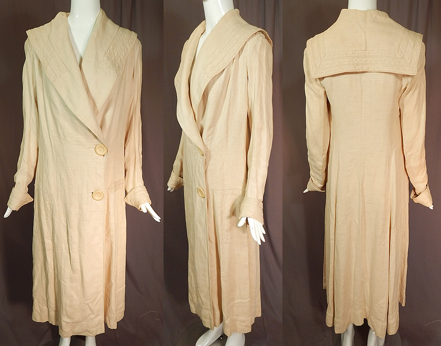Vintage Ecru Linen Sailor Shawl Collar Womens Duster Driving Motoring Coat
This vintage ecru linen sailor shawl collar womens duster driving motoring coat dates from the 1920s. It is made of an ecru cream color heavy quality linen fabric, with quilted appliqu&eacute; trim accents on the sleeve cuffs, collar, lapel and sides.
