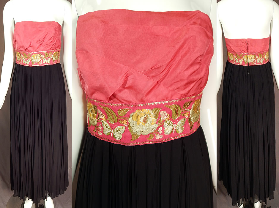Vintage Pink & Black Pleated Chiffon Strapless Evening Gown Cocktail Dress
This vintage pink and black pleated chiffon strapless evening gown cocktail dress dates from the 1950s. It is made of a bright pink crepe de chine silk fabric top and sheer black pleated chiffon fabric skirt.
