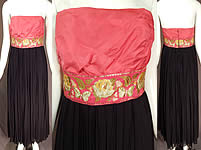 Vintage Pink & Black Pleated Chiffon Strapless Evening Gown Cocktail Dress

