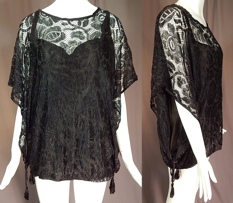 Vintage Art Deco Black Silk Sheer Lace Batwing Blouse Flapper Fringe Tassel Top
This vintage Art Deco black silk sheer lace batwing blouse flapper fringe tassel top dates from the 1920s. It is made of a black silk sheer lace net fabric with a floral pattern design.
