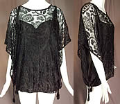 Vintage Art Deco Black Silk Sheer Lace Batwing Blouse Flapper Fringe Tassel Top
