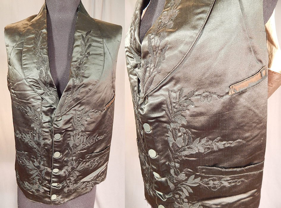 Victorian Gentleman's Black Silk Floral Leaf Embroidered Mourning Waistcoat Vest
This antique Victorian Civil War era gentleman's black silk floral leaf embroidered mourning waistcoat vest dates from the 1860s.