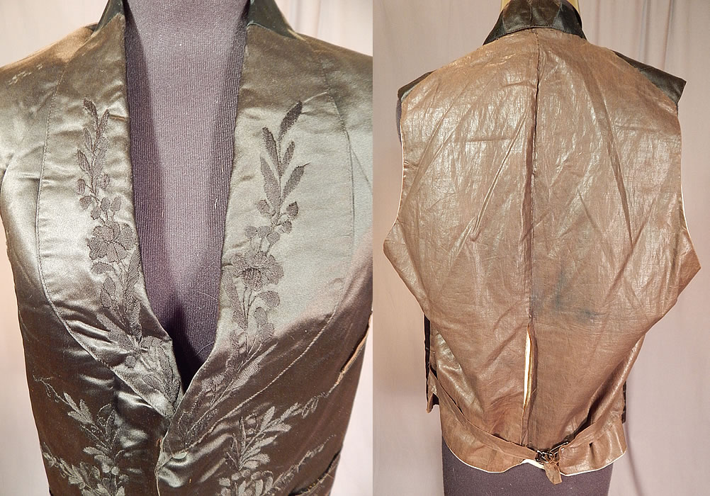 Victorian Gentleman's Black Silk Floral Leaf Embroidered Mourning Waistcoat Vest
It is made of a black silk fabric with raised padded satin stitch hand embroidered flowers and leaves on the front. 
