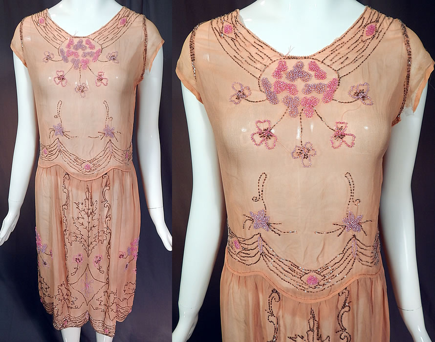 Vintage Art Deco Pink Silk Chiffon Lavender Floral Leaf Beaded Flapper Dress

This vintage Art Deco pink silk chiffon lavender floral leaf beaded flapper dress dates from the 1920s. It is made of a pink pastel sheer silk chiffon fabric with pink, purple lavender and silver beading done in a pansy flower, floral garland, wreath design and an oak leaf outline strategically placed on the front and back skirt.