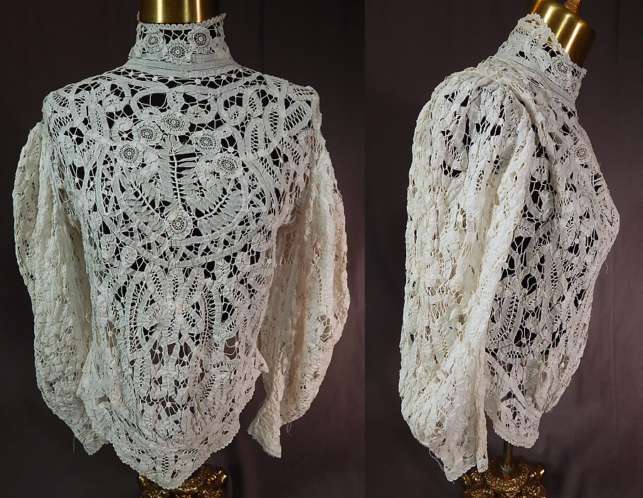 Edwardian Antique White Battenburg Princess Tape Lace Shirt Blouse Top
This exquisite antique battenburg princess tape lace shirt blouse top dates from 1905. It is made of a sheer white filmy linen tape lace, with veined, raised threads flowers and leaves, joined by bobbin made braids, thread bars and has princess lace flowers appliqu&eacute;d.
