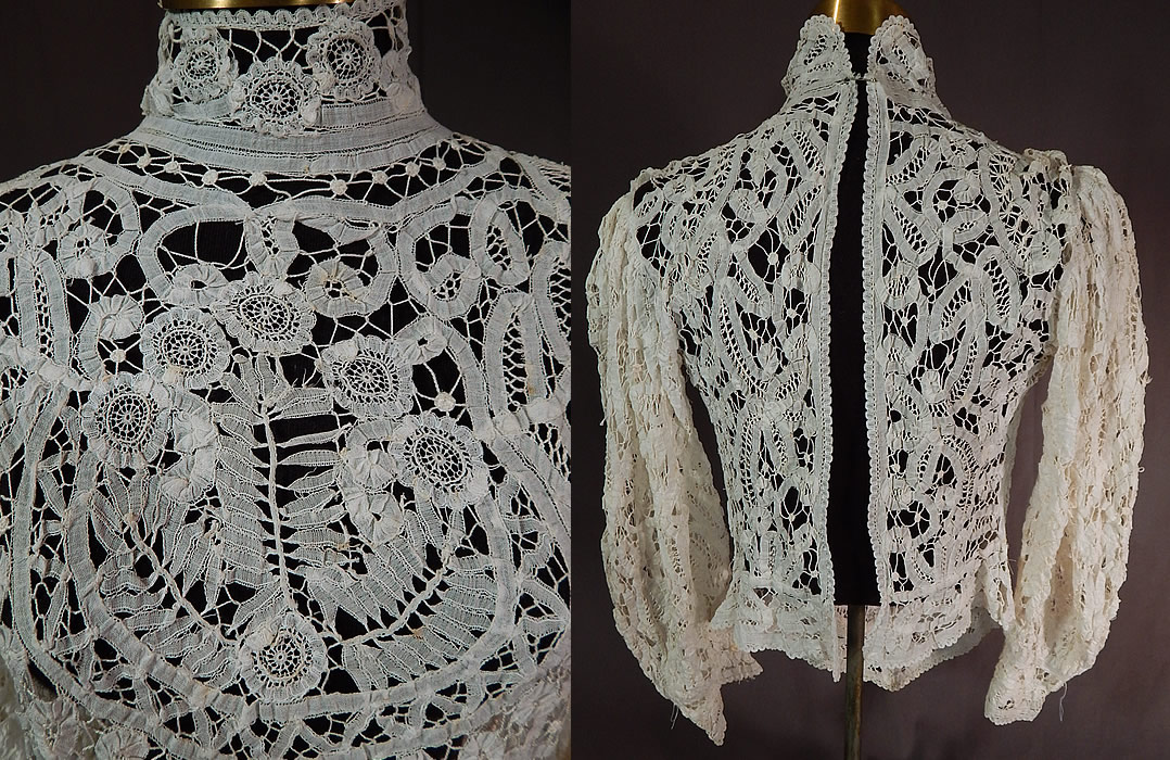 Edwardian Antique White Battenburg Princess Tape Lace Shirt Blouse Top
This lovely lace blouse has a pouter pigeon front, fitted peplum waistband coming to a point on the bottom front, a high neck band collar, gathered shoulders with long full puffy sleeves, tapered fitted cuffs, missing the back closures and is sheer, unlined. 