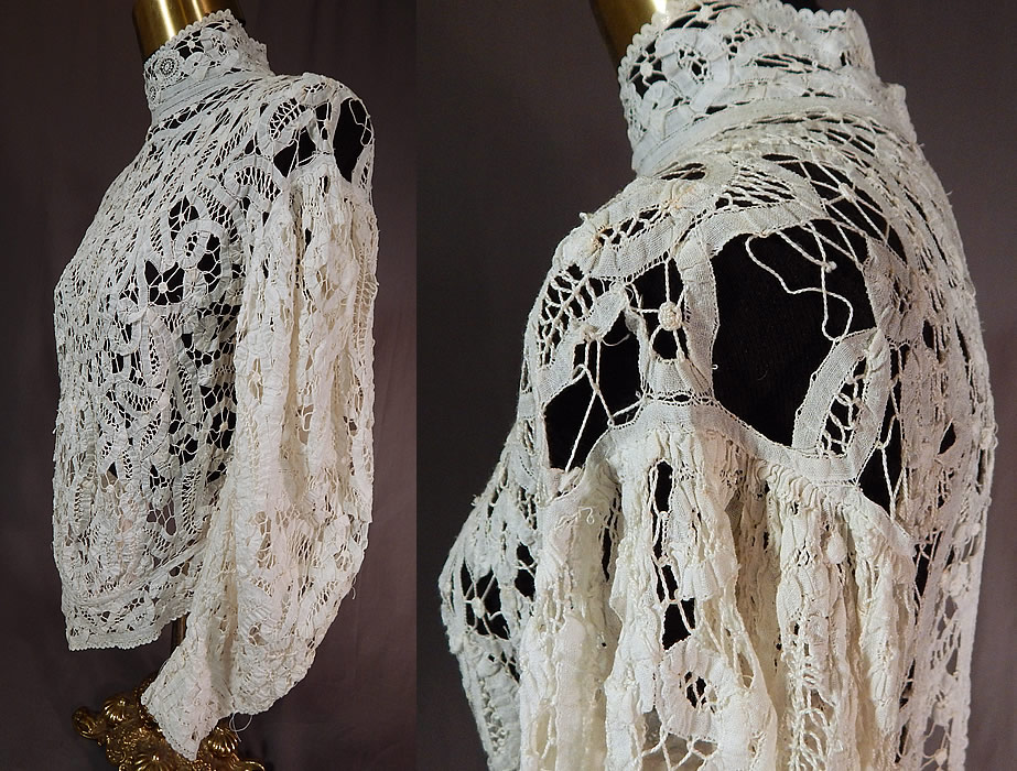 Edwardian Antique White Battenburg Princess Tape Lace Shirt Blouse Top
The top measures 20 inches long, with a 36 inch bust, 24 inch waist, 20 inch long sleeves and 14 inch neck. It is in good condition, but has not been cleaned, with a few faint tiny age spot stains and a small break in the lace at the shoulder (see close-up). This is truly an exceptional piece of antique lace wearable art!