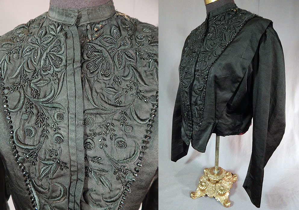 Victorian Black Silk Embroidered Jet Beaded Bodice Coat Jacket
It is made of a black silk fabric with raised padded satin stitch hand embroidery work and jet beading accents done in decorative floral designs.

