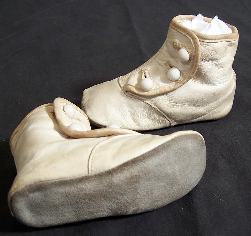 Edwardian White High Button Baby Shoes    Close up.