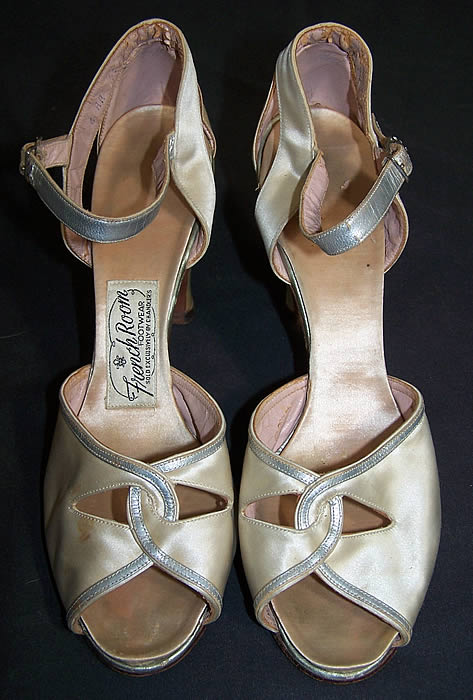 French Room White Satin & Silver Metallic Shoes     Front view.